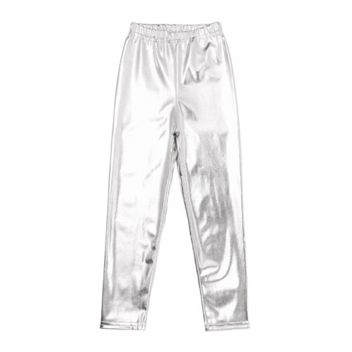 Kids Girls Shiny Metallic High Waist Leggings Dance Footless Stretchy Trousers - Picture 8 of 43