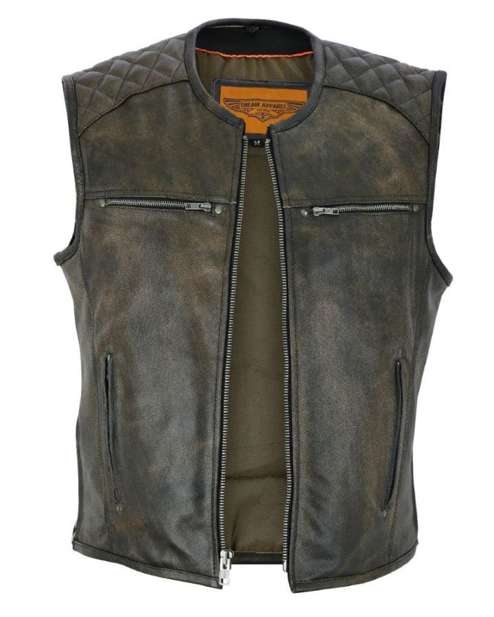 Premium Brown Men's Motorcycle Leather RIDERS VEST® Diamond Padded Shoulder