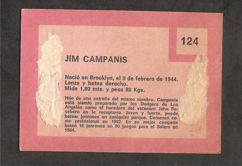 Jim Campanis 1967 Topps Venezuela #124 SP Very Rare Venezuelan card *Set Break - Image 2 of 2