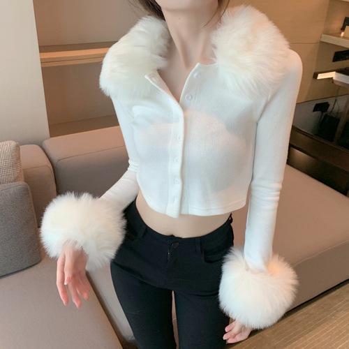 Damen Kunstfellkragen Cardigan Crop Pullover Mantel Langarm Jacke Slim Fit Sexy - Bild 8 von 10