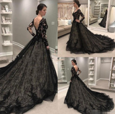 Gothic Black Wedding Dresses V-Neck Long Sleeve Lace Applique Bridal Gowns Train