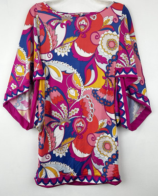 Trina Turk Top Women Small Pink Retro Print Tunic Swim Cover Up Hippie 70s Vibe