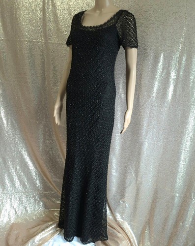 SHIMMERY BEADED BLACK CROCHET Vtg Carmen Marc Valvo LBD COLUMN MAXI PARTY DRESS - Picture 12 of 12