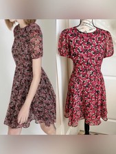 Zara Trafaluc Floral Chiffon Puff Sleeve Fit & Flare Dress Red Sz L