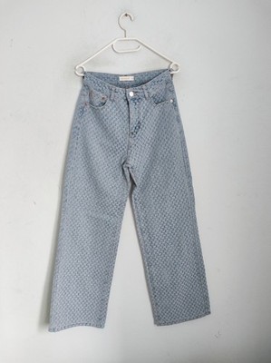 Damenhose Monique, Gr.(36/38)Hellbau-Weiß,kleine Karos,Strukturiert,Weites Bein 