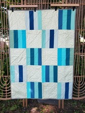 Vintage Handmade Quilt Double sided Blues Greens Tan Woodland Throw Folk Art