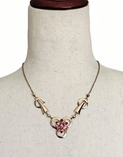 Vintage AMCO 10K Gold Filled Glass Rhinestone Flower Necklace Pink Art Deco