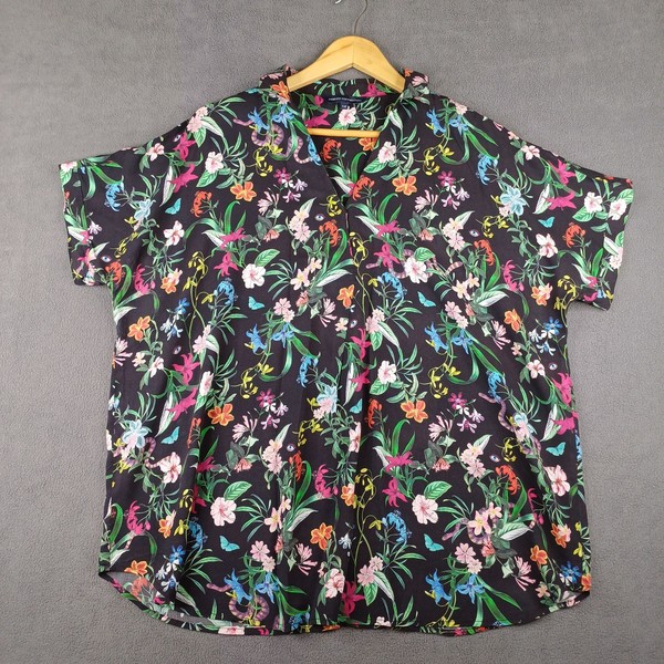 French Connection Blouse Womens 14 Black Floral Tropical Print Casual Boxy Tee
