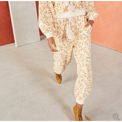 ULLA JOHNSON Cream Brown Drawstring Waist Floral Rose Charley Pant Size L NEW