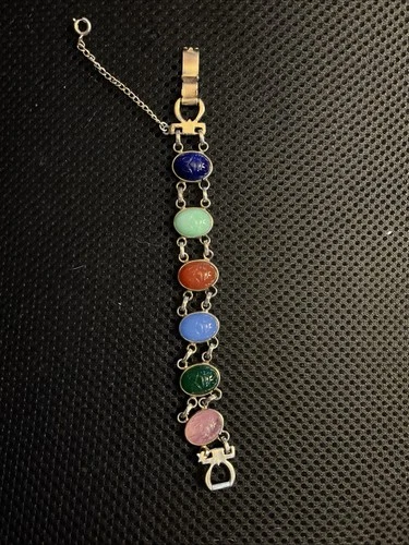Vintage 1960's Costume Jewelry 7”Multicolor 6 stone Scarab Bracelet-