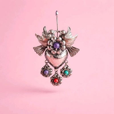 EXCEPTIONAL - 925  Amethyst  Silver Hearts & Bird Earrings Masterpiece!!!