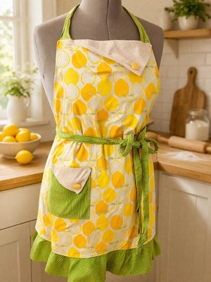 Vintage Lemon Print Apron Cottagecore Retro Kitchen Tie Waist Green 
