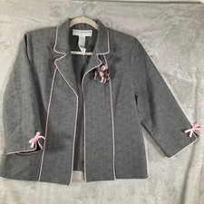 Sag Harbor Petite Womens 10P Gray Blazer Pink Trim Bow Cuffs Floral Brooch