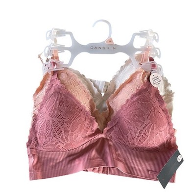 Danskin Bralette 3PK Women M Rose Peach Pink Lace Ribbed Wireless Removable Cup