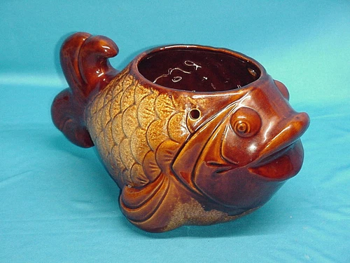 Haeger Pottery Fish Koi Goldfish Hanging Planter Pot Bennington Brown Glaze