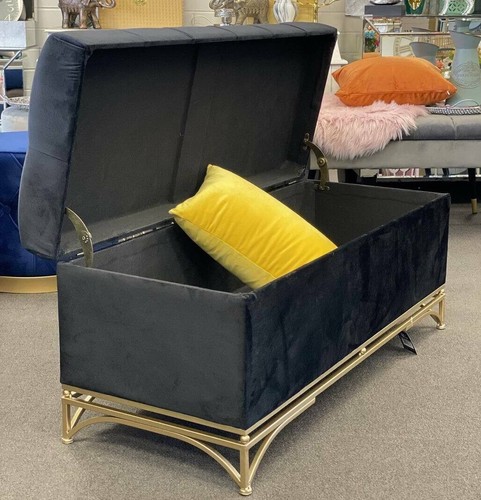 Handmade Tufted Storaged Velvet Bench with Gold metal bases- Classic Black - Picture 4 of 24