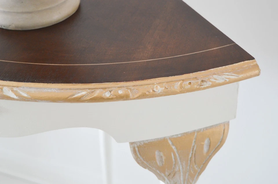 French Style Corner Console Table, Hand Painted White & Gold Solid Wood Table - Image 4 of 4