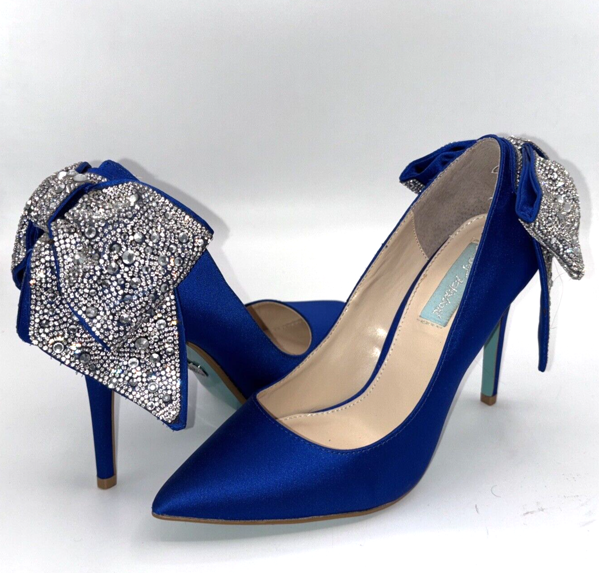 RARE Blue by Betsey Johnson Bryn Bow Blue Satin Rhinestone Pumps