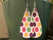 Faux Leather Earrings- Easter Pattern- Tear Drop Design