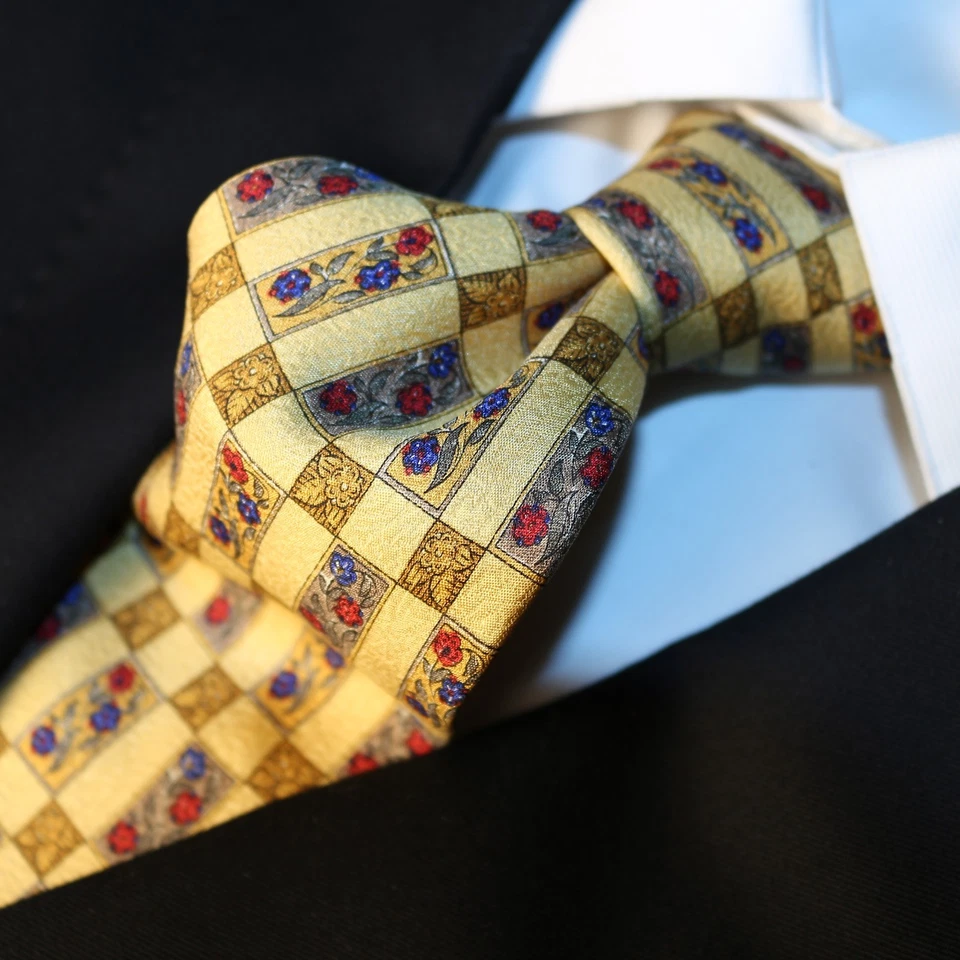 VALENTINO Italy Yellow Red Lavender Floral Geometric Silk Necktie 58"L x 3.75"W - Image 4 of 4