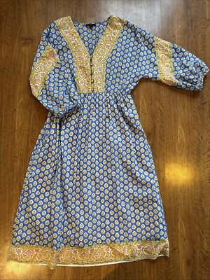 J Crew Batik Maxi Dress India Wide Sleeves Blue Yellow V Neck S NWOT
