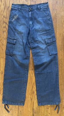 Junior Wide Leg Womens Million X Subway Tribe Y2K Cargo Blue Jeans Sz 9/30.25x32
