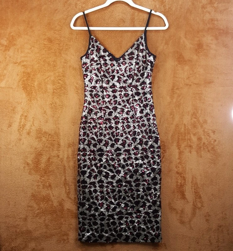 黑色 HALO 连衣裙女式 0 码金色豹纹 Midi Sequins 鸡尾酒 Glam AMORIE — 第 2/4 张图片