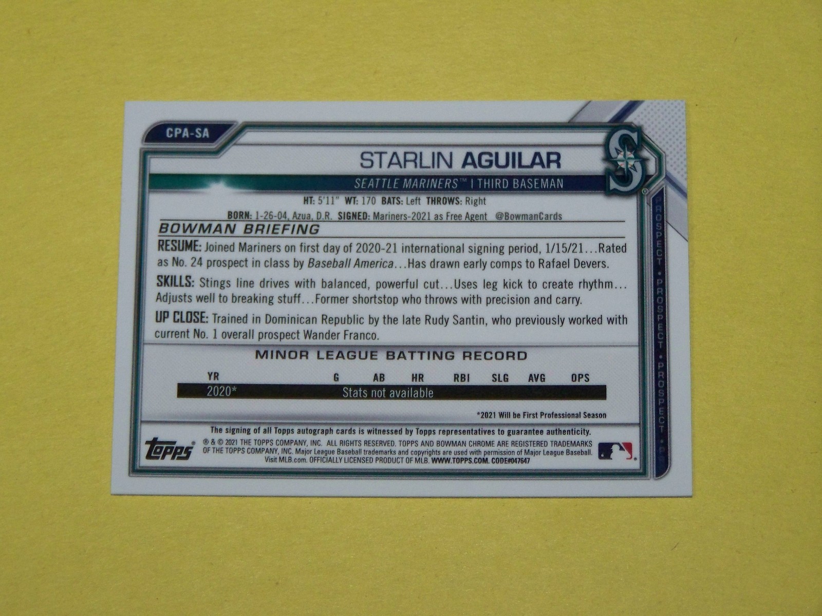 2021 BOWMAN CHROME RC AUTO - STARLIN AGUILAR  #CPA-SA - SEATTLE MARINERS view 2