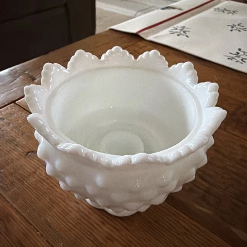 Vintage Fenton Hobnail Scalloped Edge Milk Glass Mini Candle Holder Bowl.