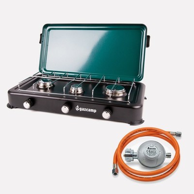 Gazcamp 3-flamm Gaskocher 3,7 kW 50 mbar schwarz mit Deckel inkl. Schlauch und R