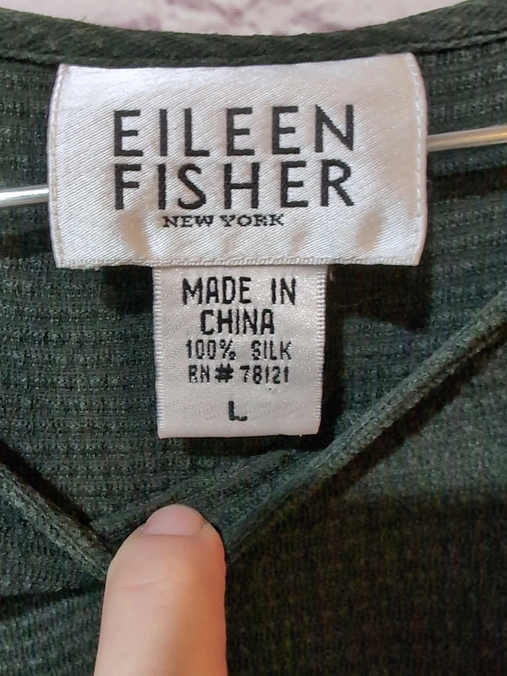 Eileen Fisher 100% Silk Dark Gray Textured Long Sleeve Midi Dress Tie Back L - Image 4 of 4