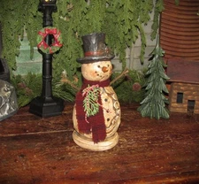 10" Prim Resin Christmas Frosty Vtg Carved Style Snowman Wool Scarf Black Hat