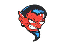 Red Devil Face Iron on Patch 3.5" Rockabilly Biker Demon Blue Hair Applique