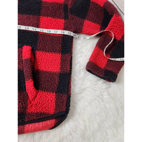 Old Navy Womens Pullover Jacket Red Black Buffalo Plaid 1/4 Zip Pockets Collar S - Picture 3 of 6