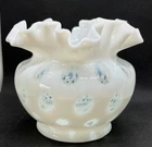 VTG Fenton Opalescent Art Glass Coin Dot Large Rose Bowl Vase White Ruffled