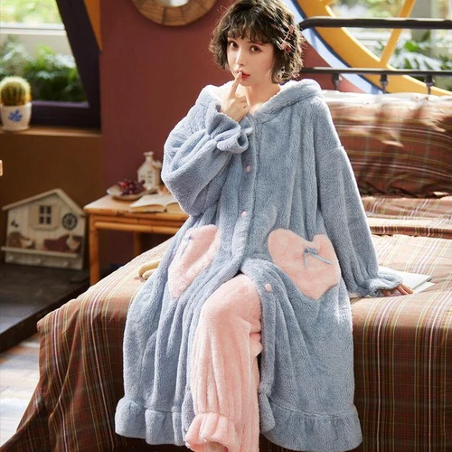 Mädchen Hase Kaninchen lange Ohren Nachthemd warm Flanell Kapuze dick Nachtwäsche PJ's - Bild 8 von 40