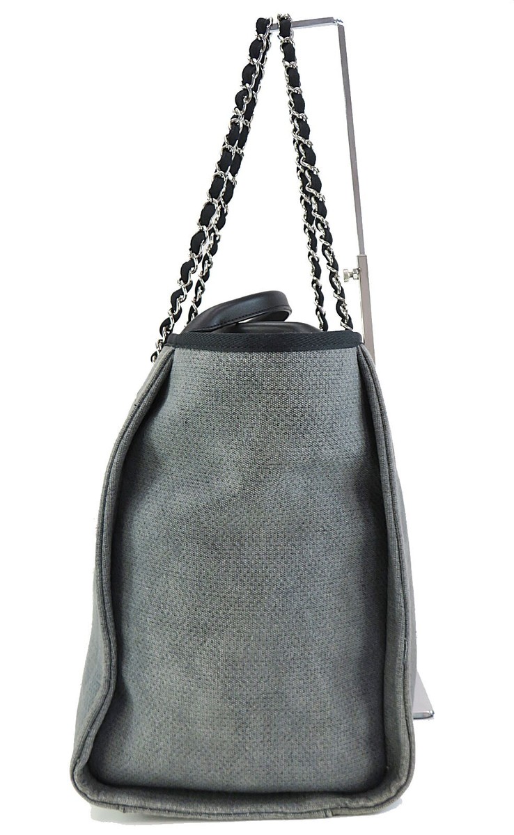 Auth CHANEL Deauville Gray and Black Canvas 2-Way Hand Shoulder