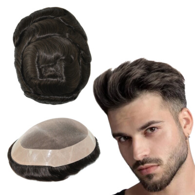 Toupee For Mens Human Hair Replecement System Fine Mono Coating Black Hairpiece