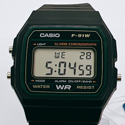 Casio Standard F-91W-3 Watch Quartz Black Green Dial Digital Japan