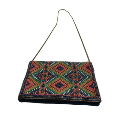 La Sera by Franchi Seed Beaded Envelope Clutch Crossbody Boho Gold Chain Navy Ca