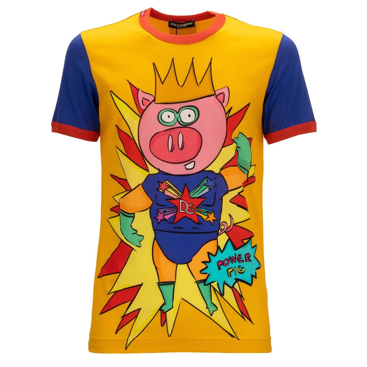 13点 DOLCE & GABBANA Crown Power Pig Cotton T-Shirt with Logo Patch