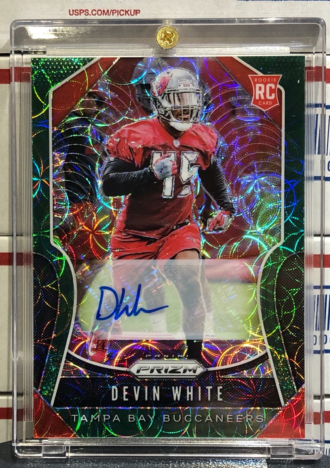 2019 PANINI PRIZM DEVIN WHITE, #312, AUTO, ROOKIE, GREEN SCOPE, SERIAL #34/75