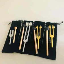 4 Metal Tuning Fork Set (136.1hz, 432hz, 528hz, 4096hz) with bags and wooden mal