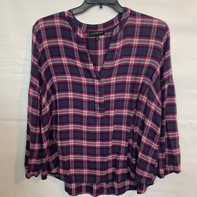 Lane Bryant Womans Purple Multi  Plaid 1/4 button V-Neck Pullover Top Plus 22-24