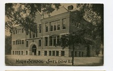 Postal de colección SHELDON IL High School Pub. Humma's Drug Store