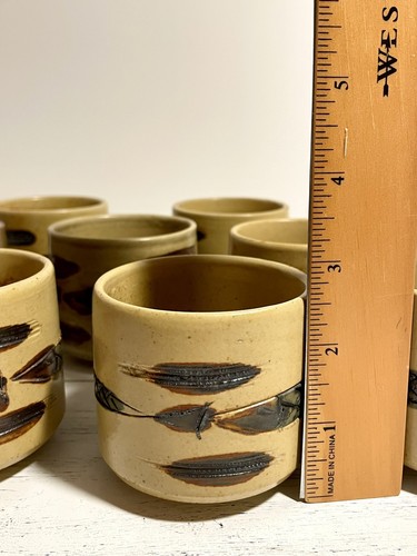 Japanese Yunomi Tea Cup Set of 2/ Swimming Fish Hand Painted Stoneware Pottery - Picture 4 of 11