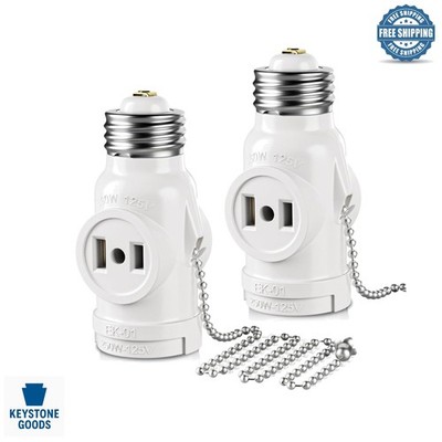 Listed E26 Light Socket Adapter with Outlet & Pull Chain - 2 Pack