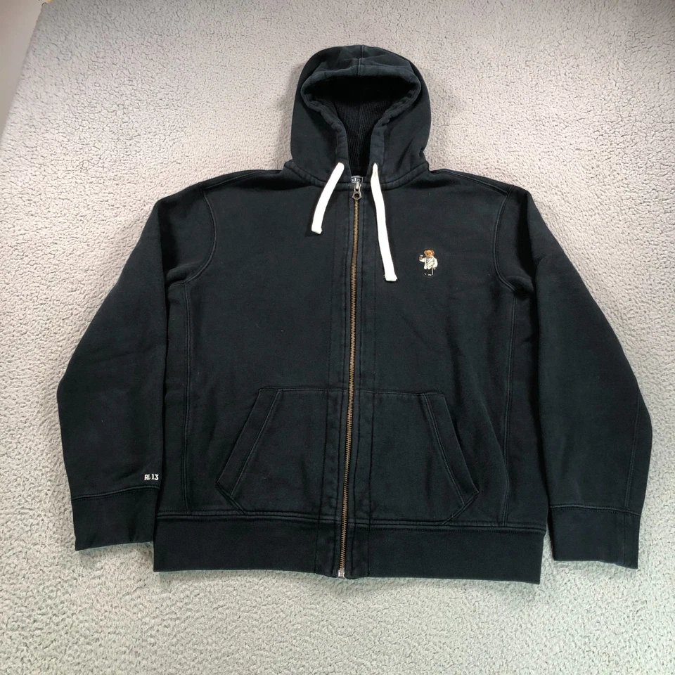 Polo Ralph Lauren Hoodie Mens Extra Large Black Tuxedo Bear Full Zip RL13 Waffle - Image 2 of 4