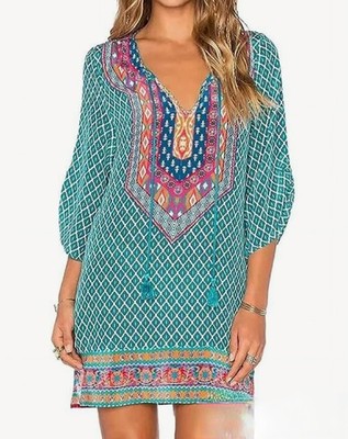 Urban Coco Floral Aztec Diamond Boho Kaftan Mini Beach Festival Dress Small Tie 
