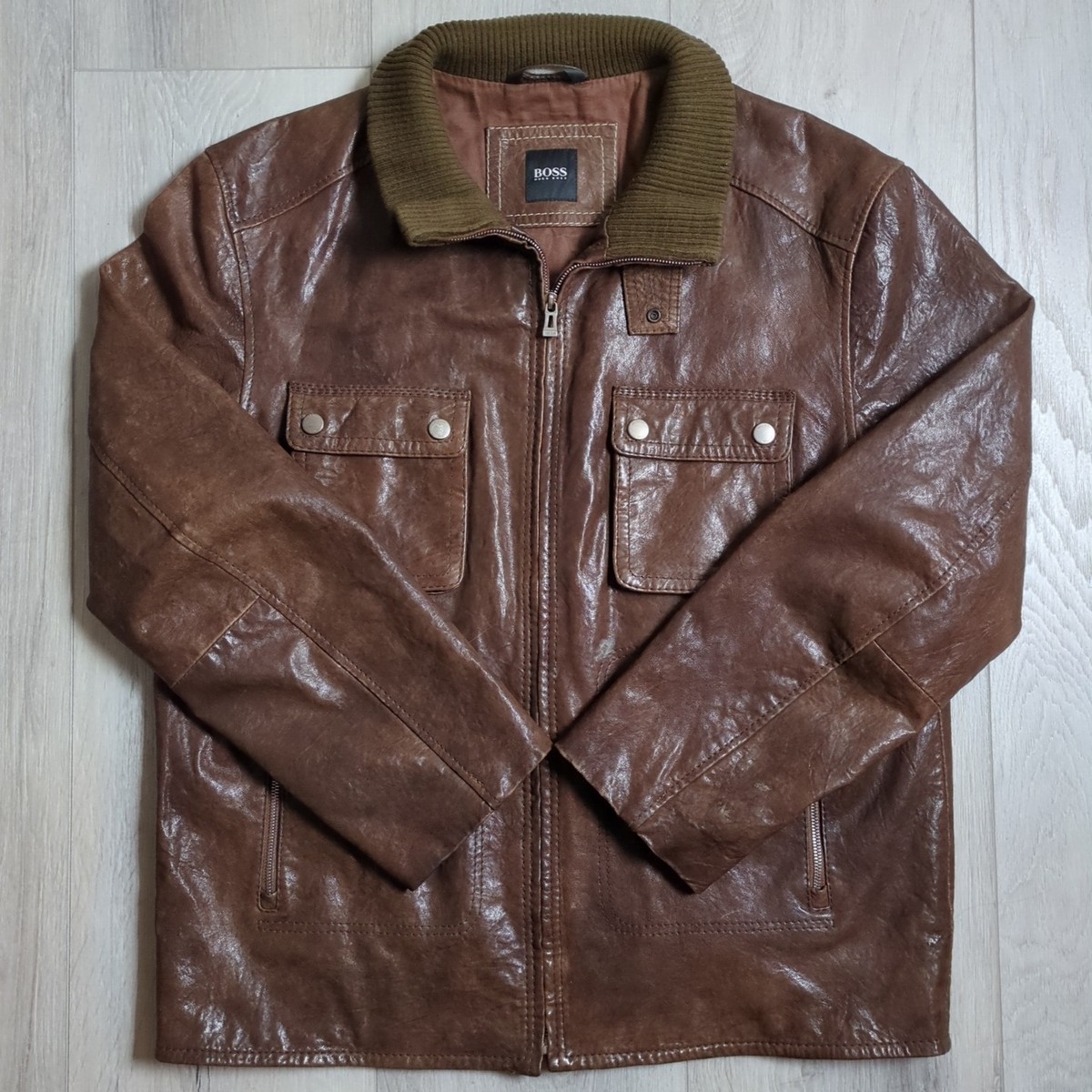 Hugo Boss Leather Jacket Mens 46R 3XL Brown 100% Lamb Bomber